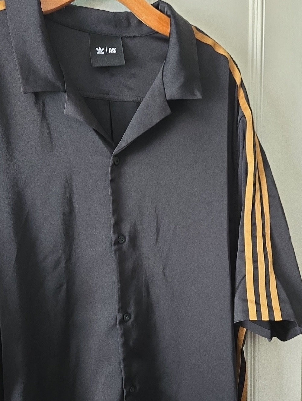 adidas Black Short-Sleeve Button Down Shirt with Gold Stripes